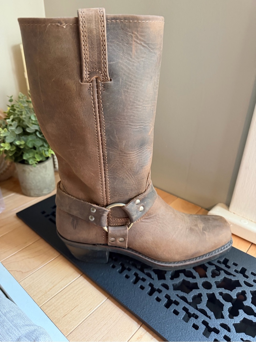 Frye Brown Leather Harness Mid-Calf Boot